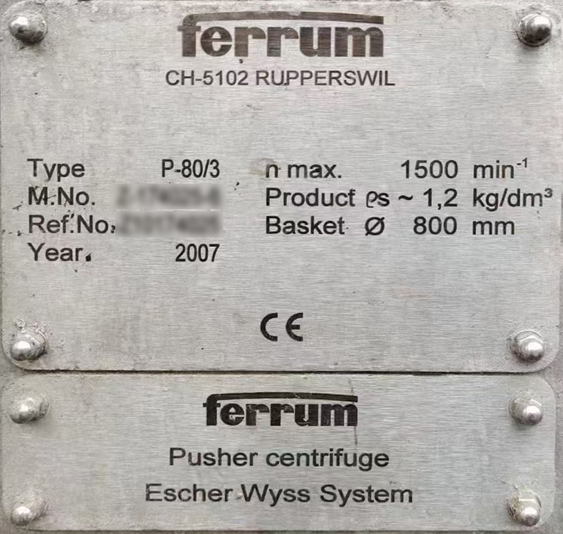 pusher type centrifuge nameplate
