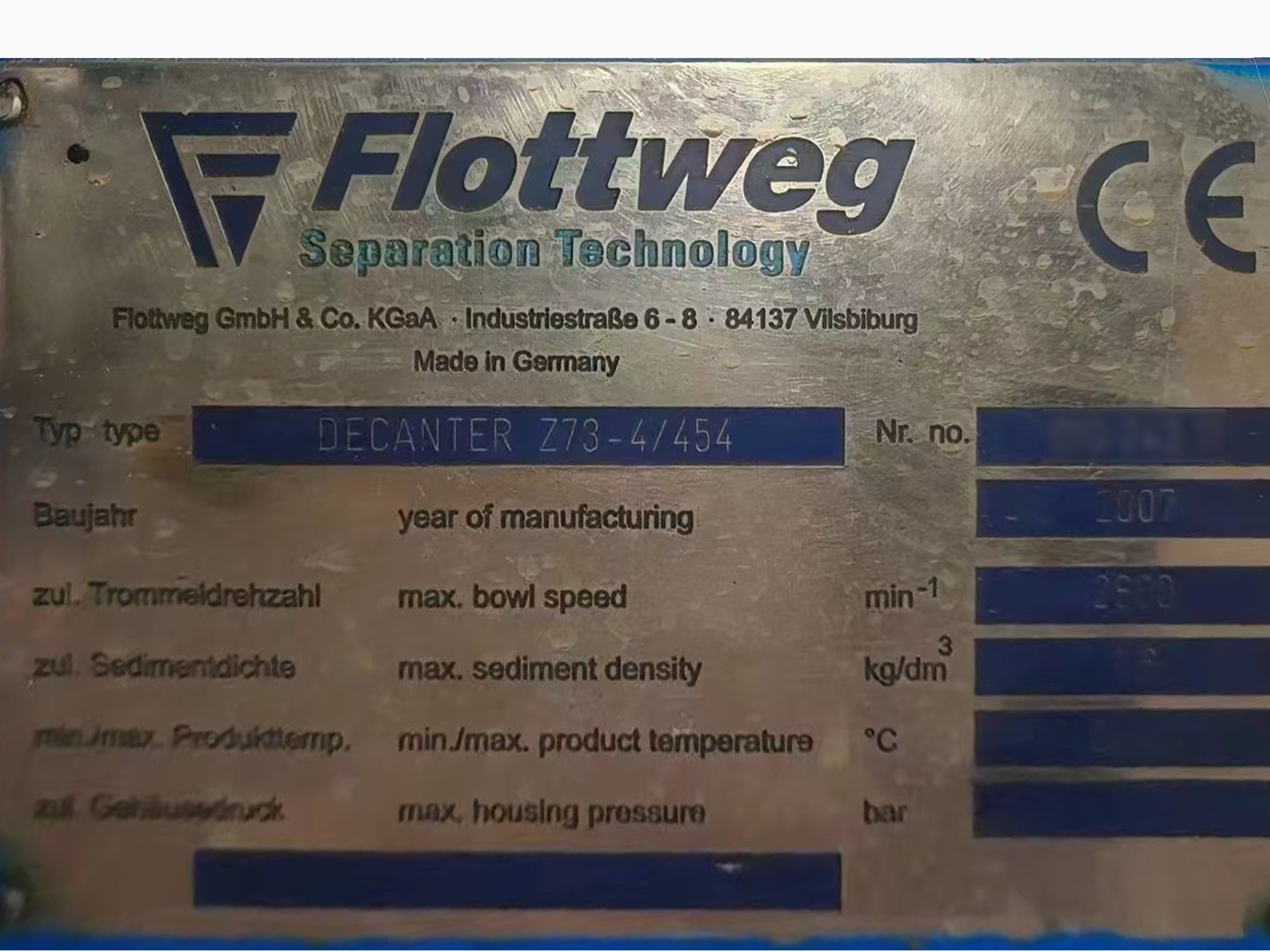 Used Z73-4-454 Flottweg Decanter Centrifuge